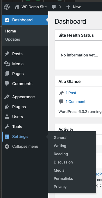 The WordPress admin with the Settings submenu open